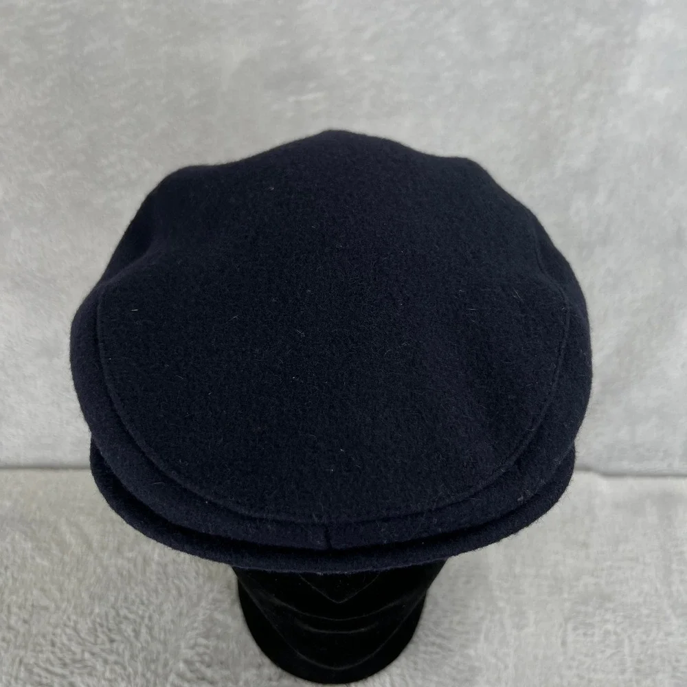 Vintage Wool Flat Cap Navy Blue Newsboy Ivy Driving Leather Strap USA Made Hat